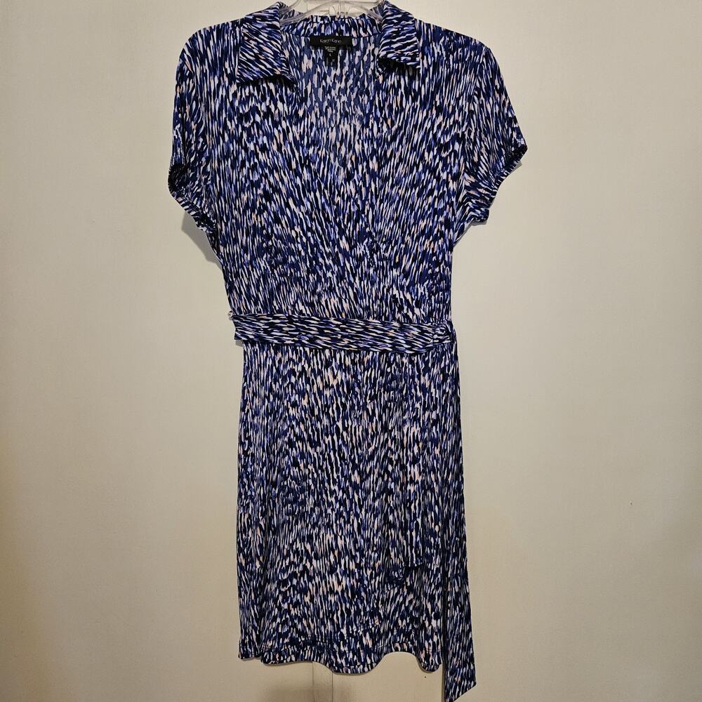 Karen Kane Faux Wrap Dress Blue Splattered Pattern Sz L Machine Washable Collar